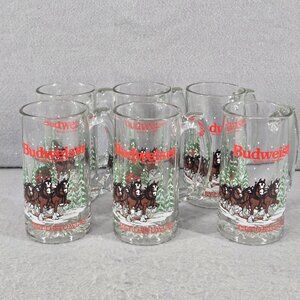 Budweiser 1989 Christmas Theme Beer Mug, Set of 6, Clydesdales, Mint Condition
